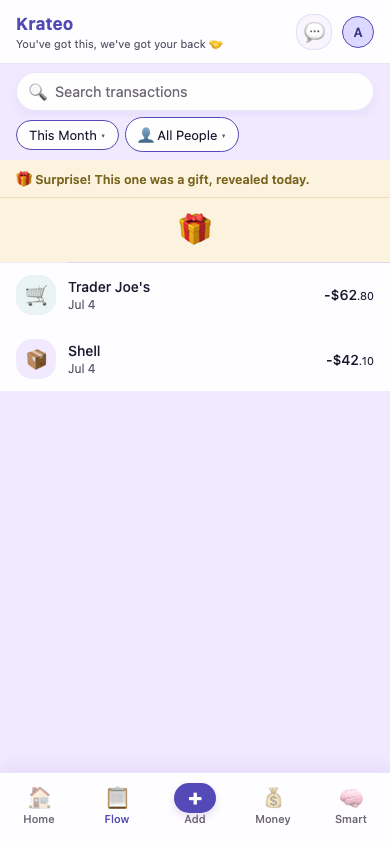 Uma compra em Modo presente se revelando no Krateo